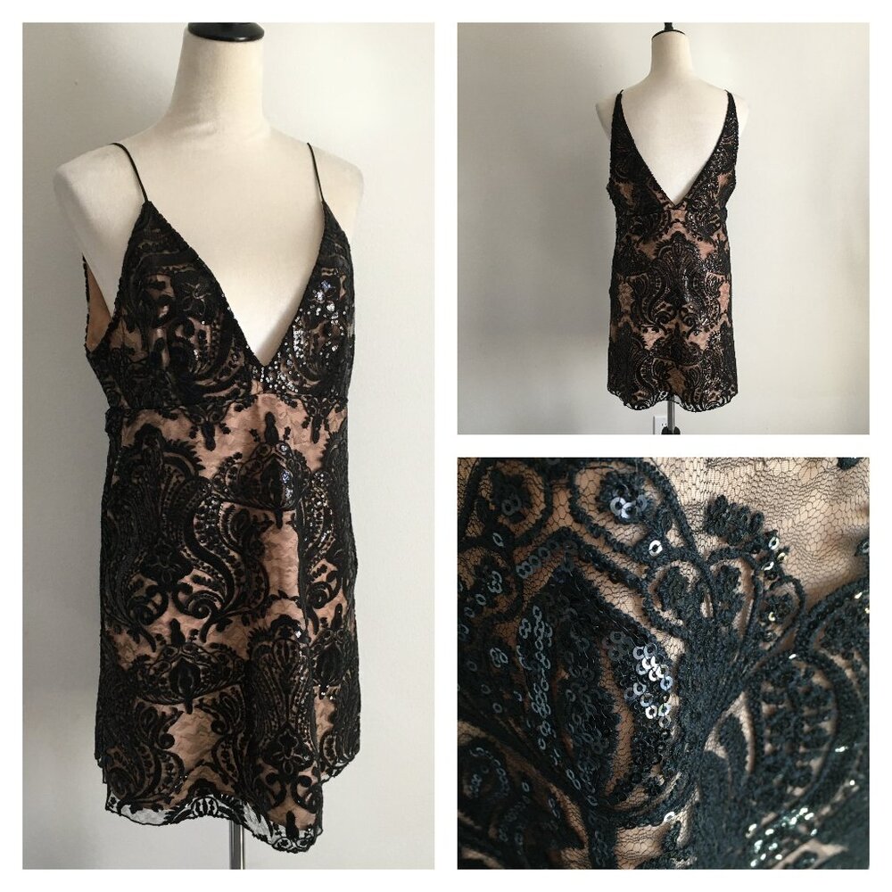 FREE PEOPLE Black Lace Sequin Drk Beige Lining Low Cut V Neck Front & Back Dress